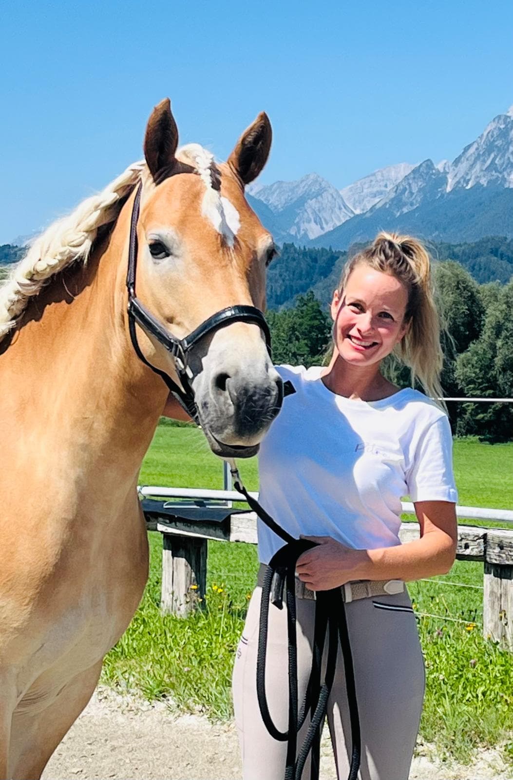 Petra van Leeuwen mit einem Haflinger vor den Tiroler Bergen